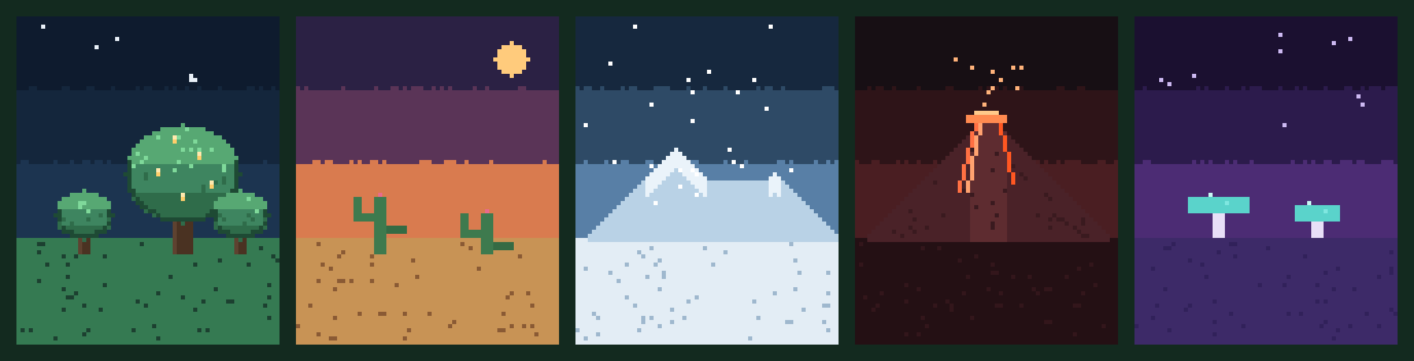 Five of the land biomes: Forest, Desert, Snow, Volcanic, and Mystic