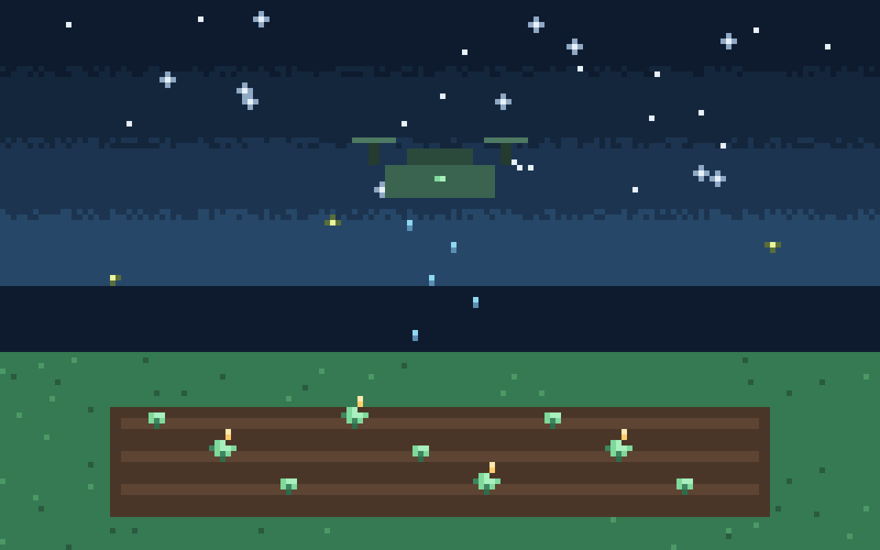 Automated cultivation — a watering drone tends glowing crops at night