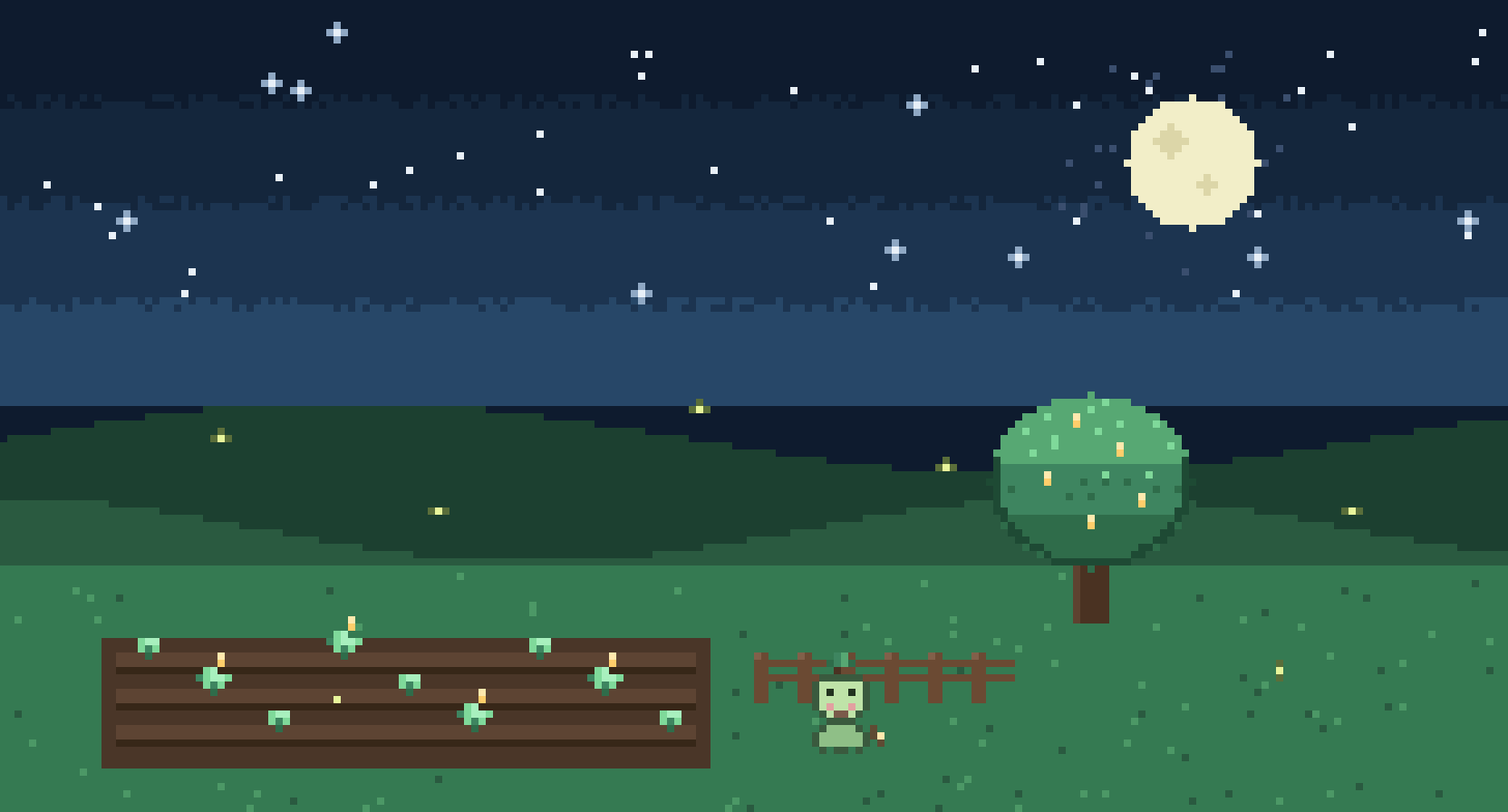 Pixel-art night farm: glowing crops, a fruit tree, fireflies, and the Verdant Labs sprout mascot